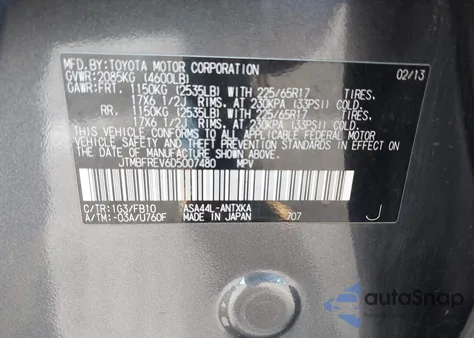 2013 Toyota Rav4 Le from USA, damaged, VIN JTMBFREV6D5007480